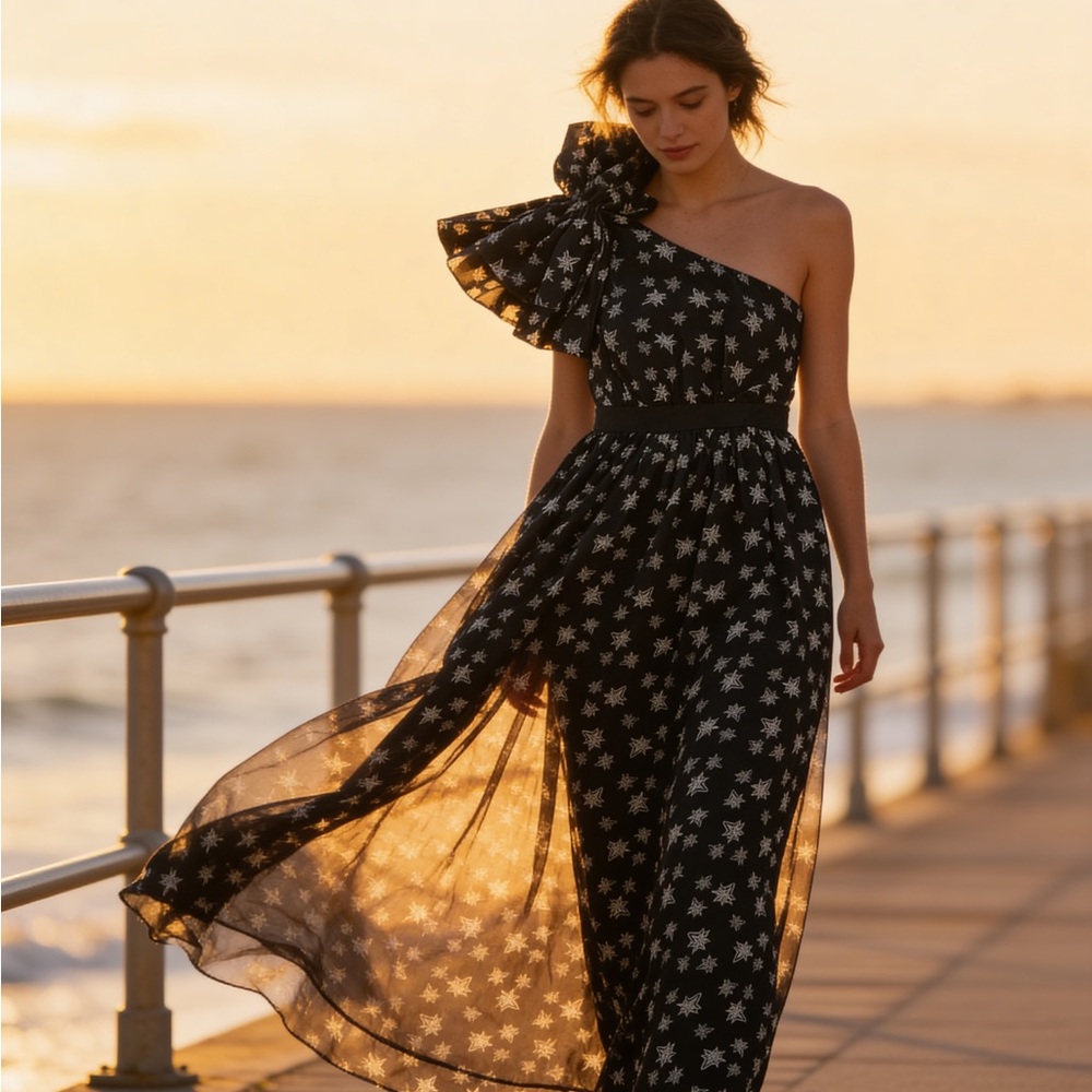 Black Star-Print Asymmetrical Women’s Dress